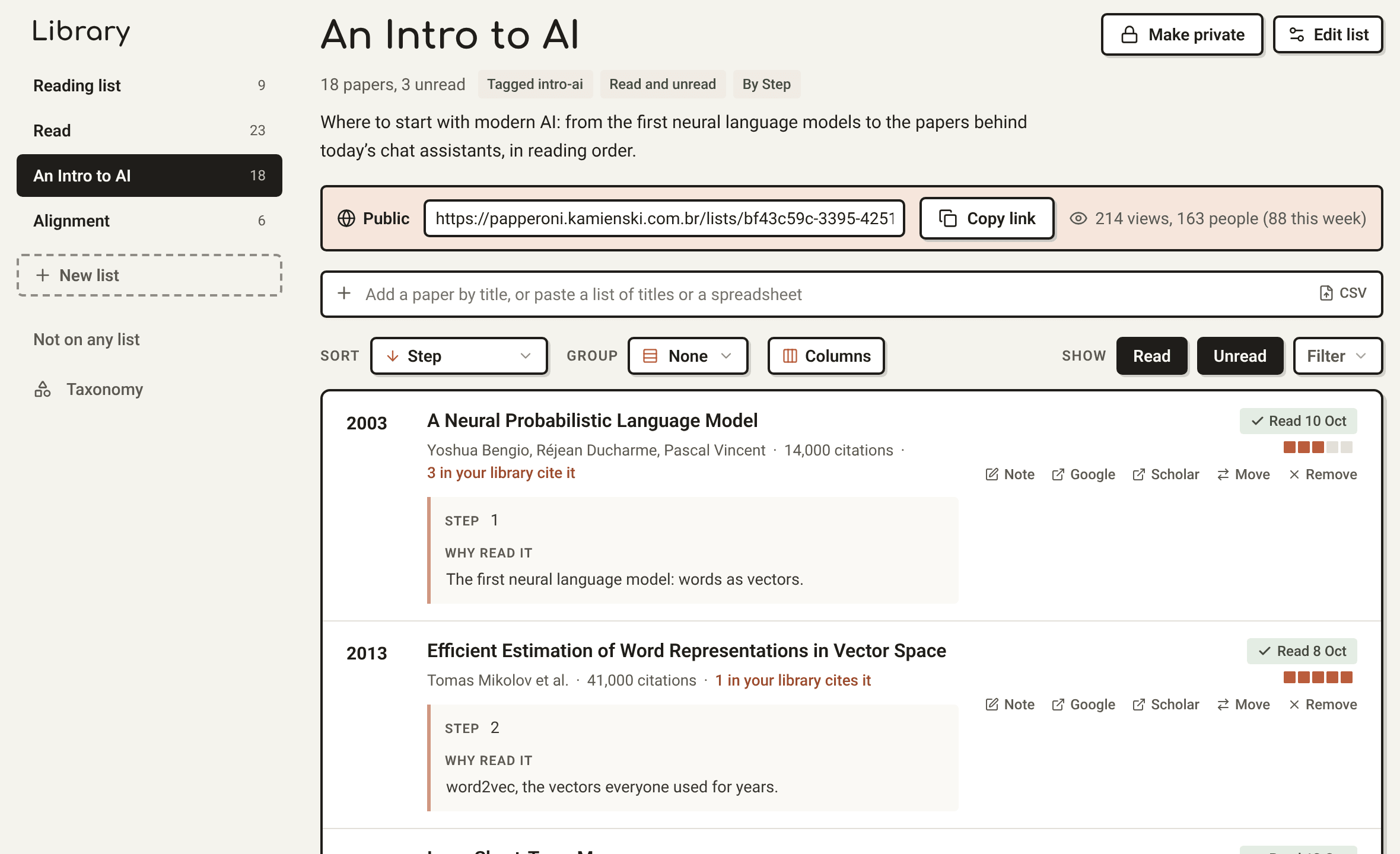 A list called An Intro to AI with its description, public link, and papers with Step and Why read it columns