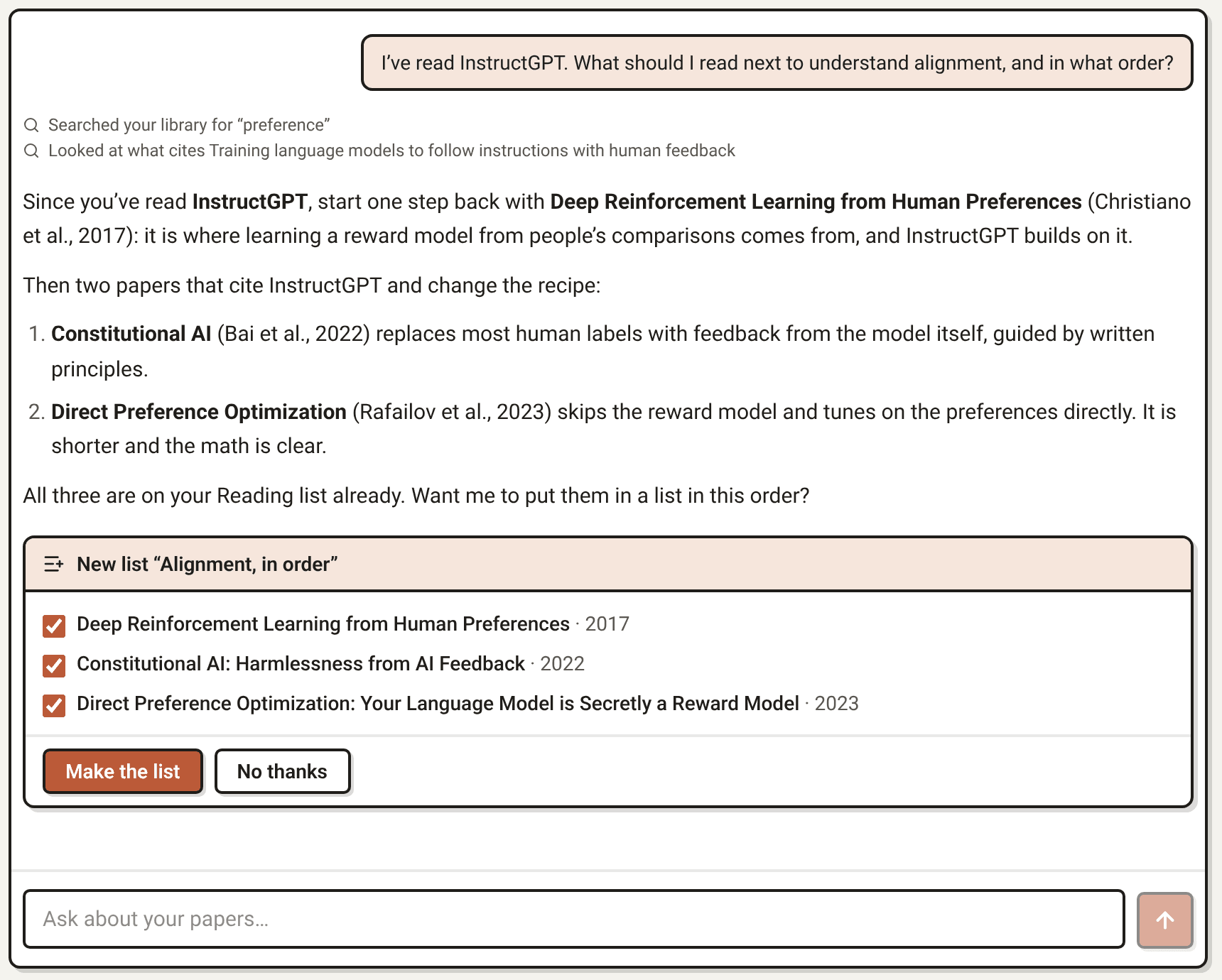 The built-in assistant suggesting three papers on alignment in order, with a card to make them a list