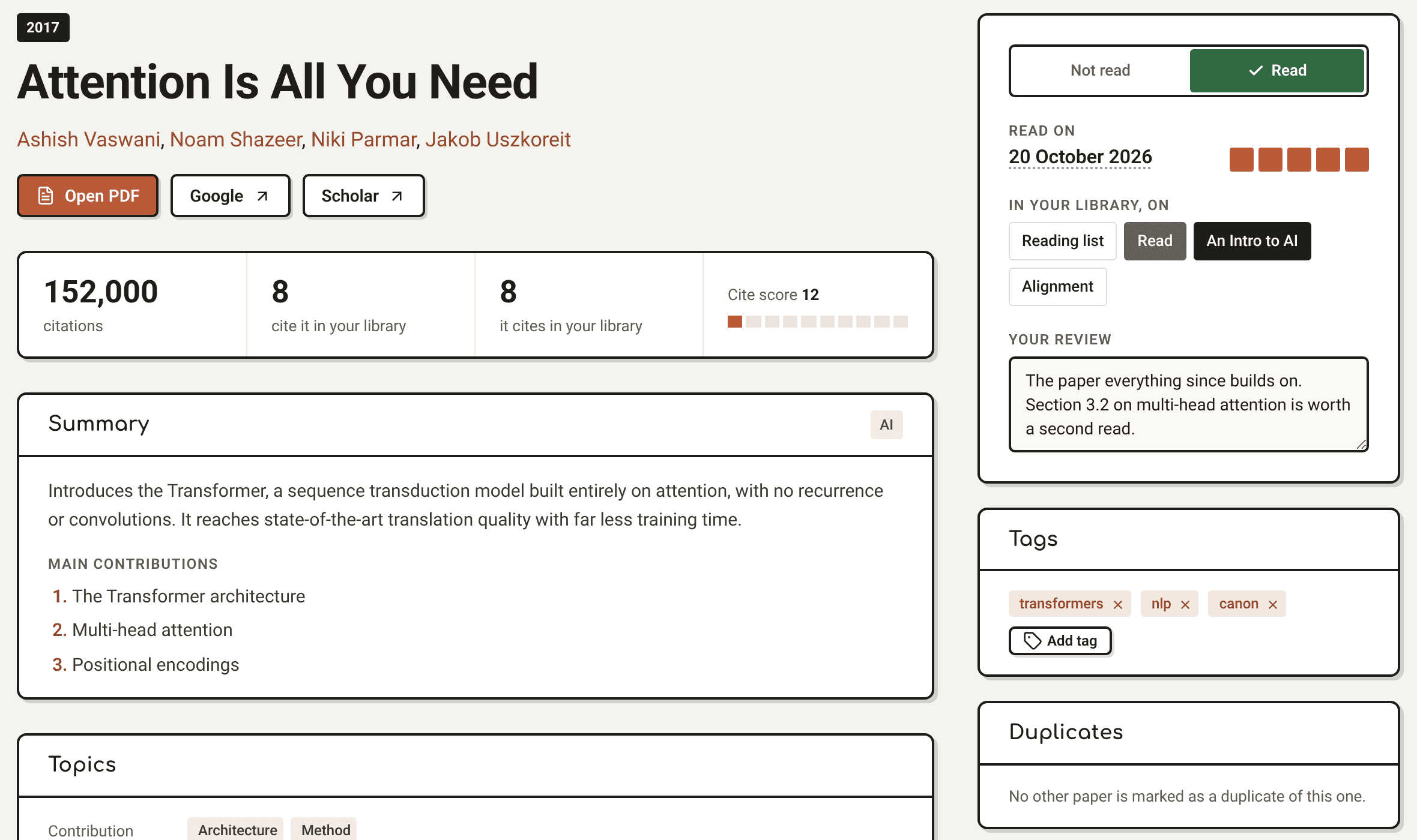 The page of Attention Is All You Need: summary, main contributions, citations and the reading card